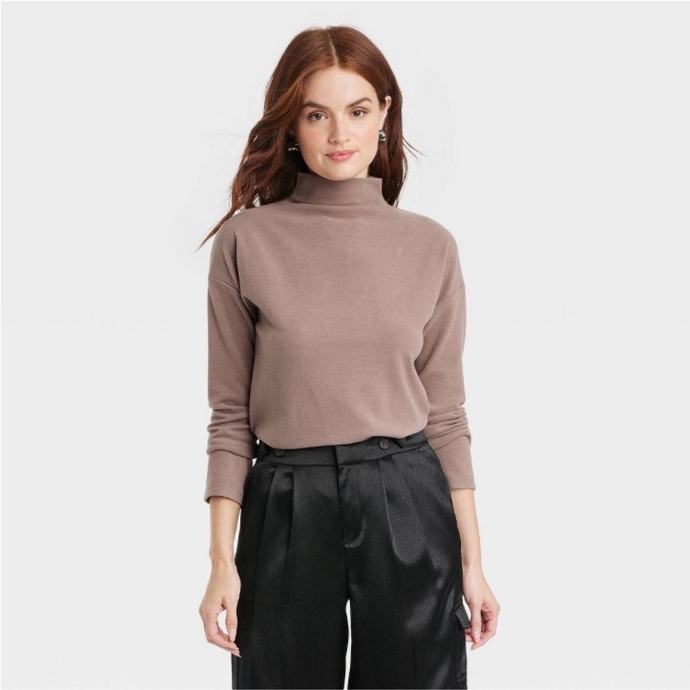 a new day Women's Long Sleeve Mock Turtleneck T-Shirt, Taupe, Size Medium